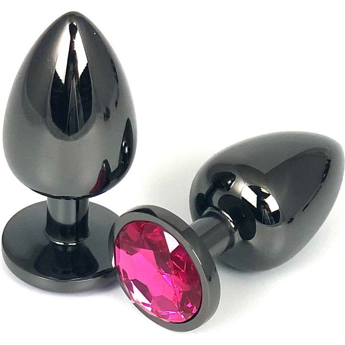 Черная металлическая анальная пробка с розовым стразом - 6,5 см