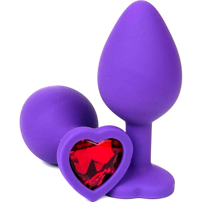 Фиолетовая силиконовая анальная пробка с красным стразом-сердцем - 8 см