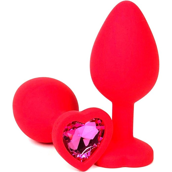 Красная силиконовая анальная пробка с розовым стразом-сердцем - 8 см