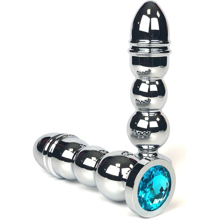 Серебристая анальная ёлочка с голубым кристаллом - 13 см