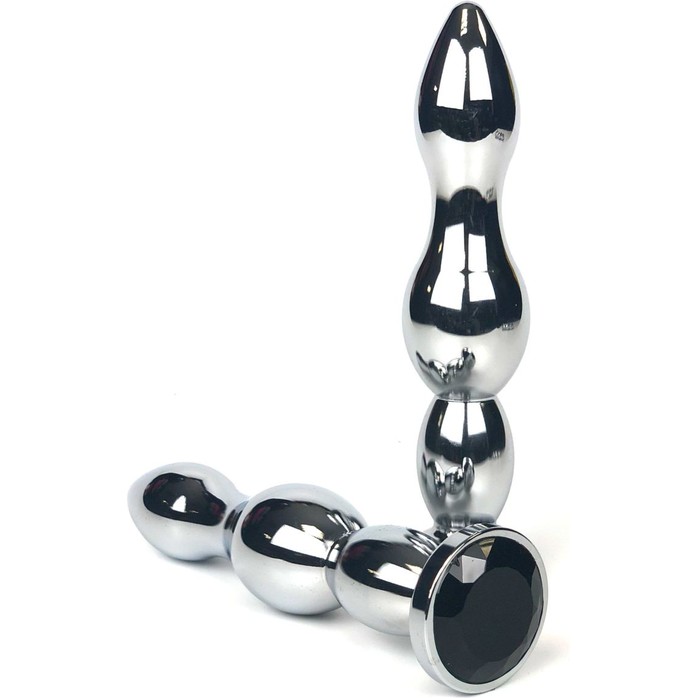 Серебристая коническая анальная пробка-ёлочка с черным кристаллом - 12 см