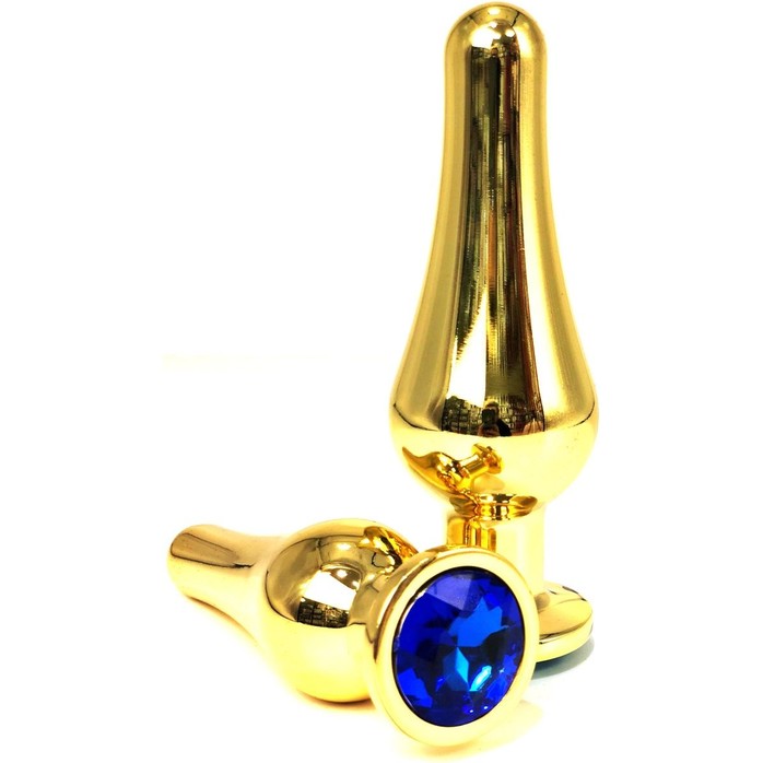Золотистая удлиненная анальная пробка с синим кристаллом - 11,5 см