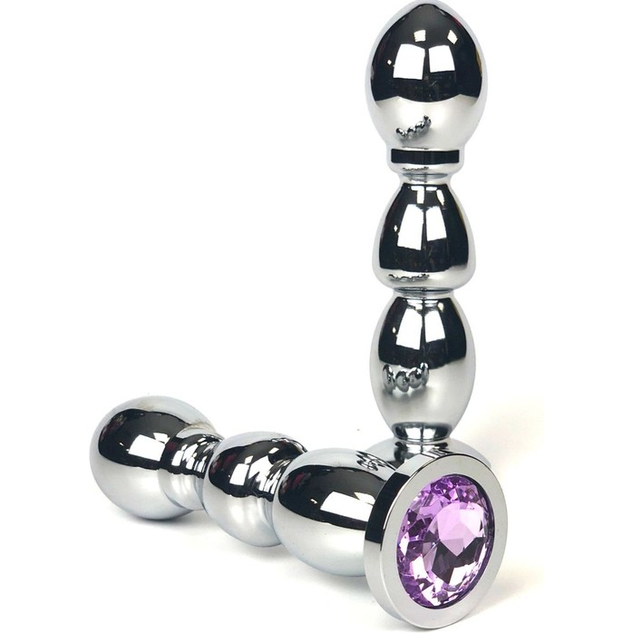 Серебристая анальная пробка-ёлочка с сиреневым кристаллом - 12,5 см