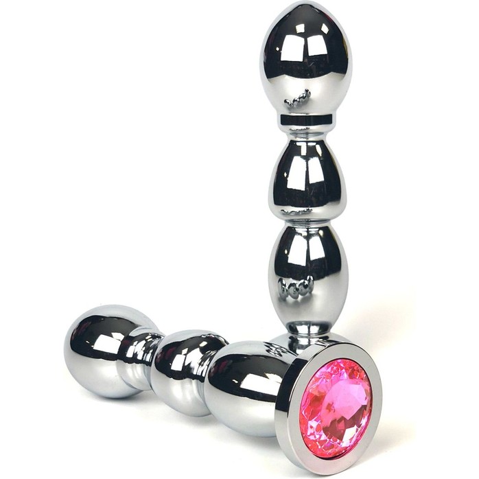 Серебристая анальная пробка-ёлочка с нежно-розовым кристаллом - 12,5 см