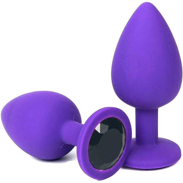 Фиолетовая анальная пробка с черным стразом - 6,8 см