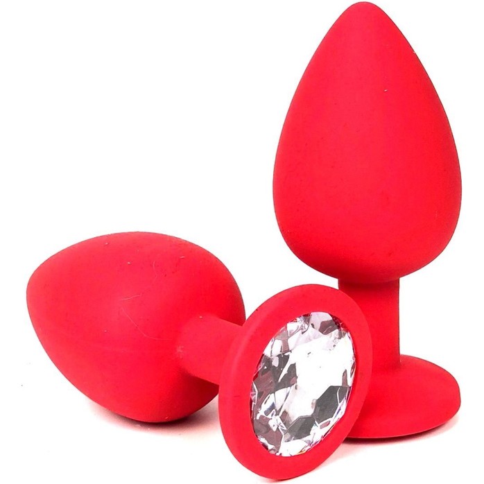 Красная силиконовая анальная пробка с прозрачным стразом - 6,8 см