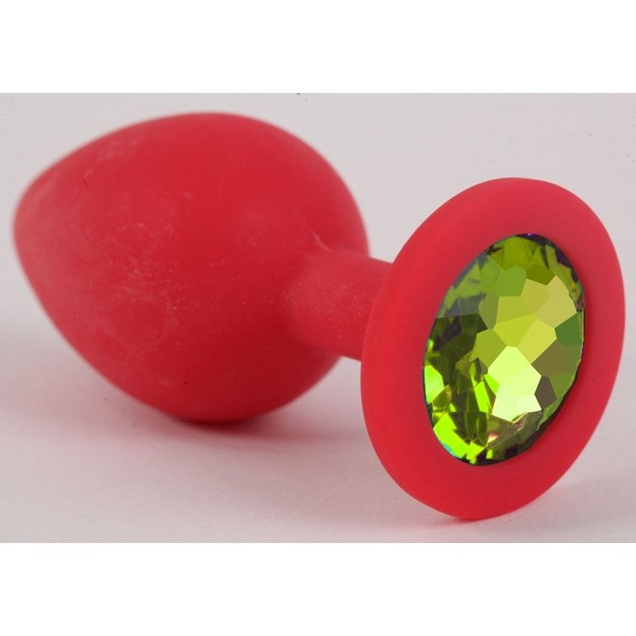 Красная силиконовая анальная пробка с лаймовым стразом - 6,8 см