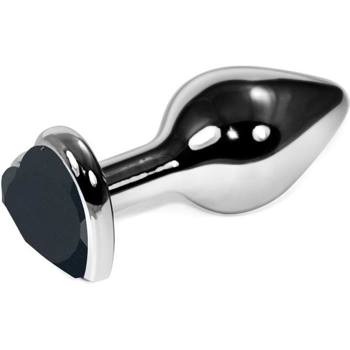 Серебристая анальная пробка с черным кристаллом-сердцем - 9 см