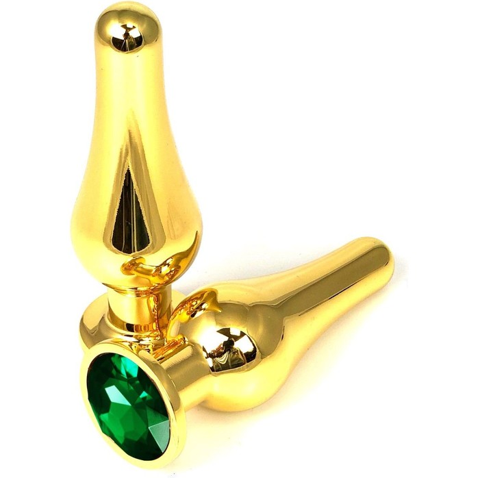 Золотистая удлиненная анальная пробка с зеленым кристаллом - 11,5 см