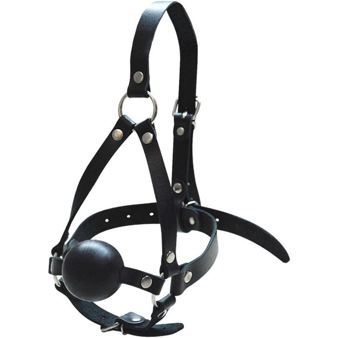 Черный кляп-шар со сбруей на голову из кожи - BDSM accessories
