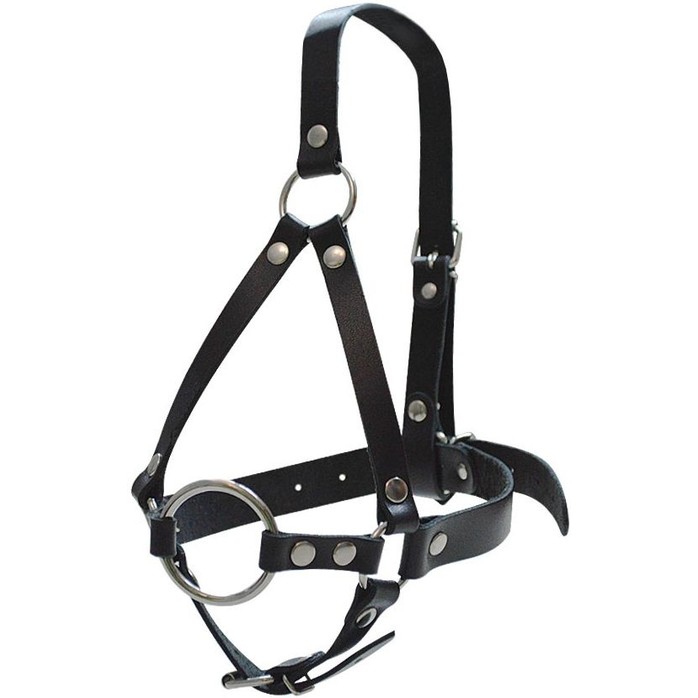 Кляп-рамка со сбруей на голову из черных кожаных ремешков - BDSM accessories