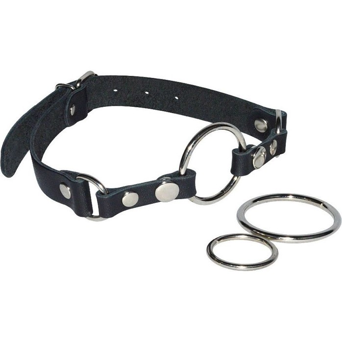 Черный кожаный кляп с 3 сменными кольцами - BDSM accessories