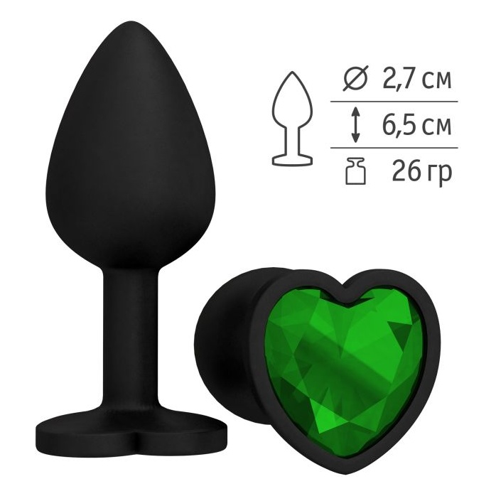 Черная силиконовая пробка с зеленым кристаллом - 7,3 см - Анальные втулки с кристаллом