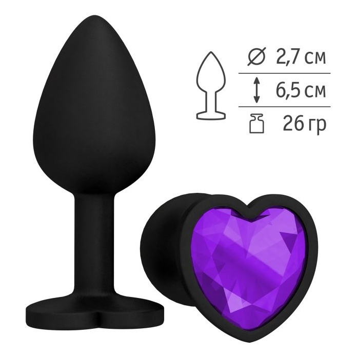 Черная силиконовая пробка с фиолетовым кристаллом - 7,3 см - Анальные втулки с кристаллом