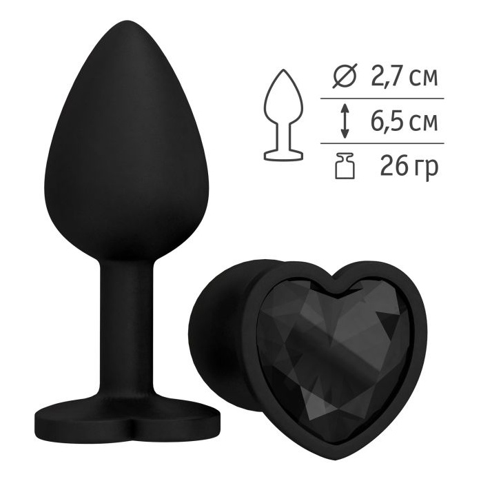 Черная силиконовая пробка с черным кристаллом - 7,3 см - Анальные втулки с кристаллом