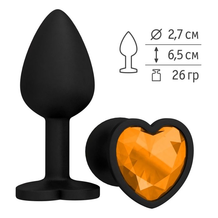Черная силиконовая пробка с оранжевым кристаллом - 7,3 см - Анальные втулки с кристаллом