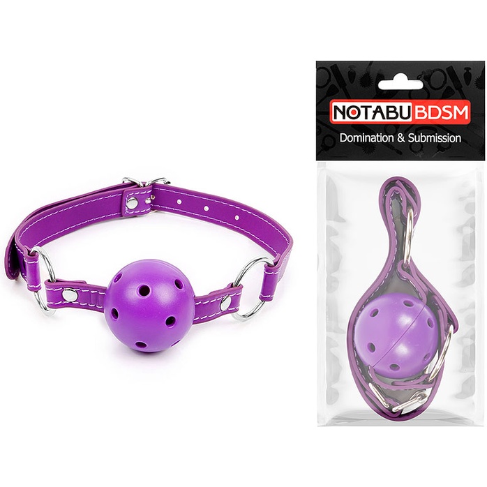 Фиолетовый кляп-шарик на регулируемом ремешке с кольцами. Фотография 2.