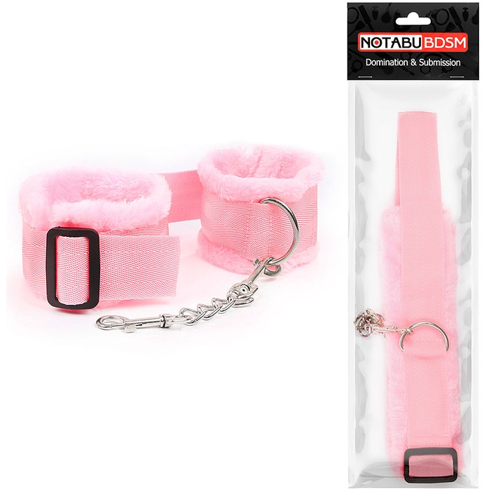 Розовые меховые наручники на регулируемых черных пряжках. Фотография 2.