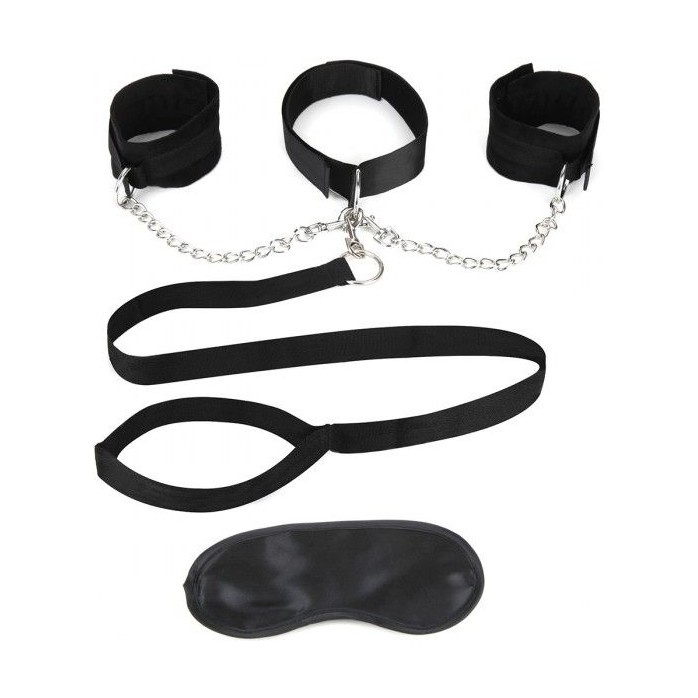 Чёрный ошейник с наручниками и поводком Collar Cuffs Leash Set