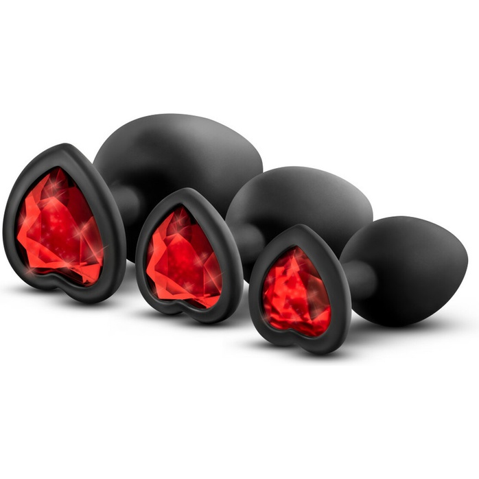Набор черных анальных пробок с красным кристаллом-сердечком Bling Plugs Training Kit - Luxe. Фотография 3.