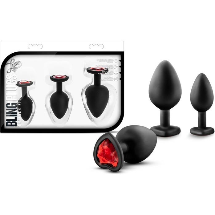 Набор черных анальных пробок с красным кристаллом-сердечком Bling Plugs Training Kit - Luxe. Фотография 4.