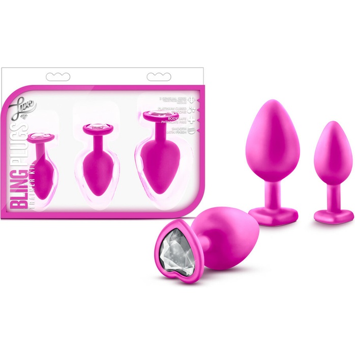 Набор розовых анальных пробок с прозрачным кристаллом-сердечком Bling Plugs Training Kit - Luxe. Фотография 5.