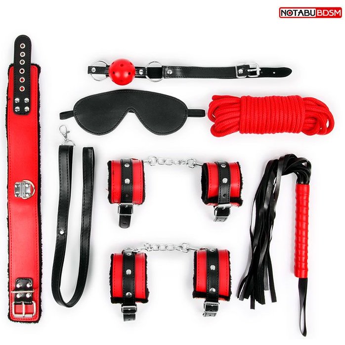 Оригинальный красно-черный набор БДСМ: маска, кляп, верёвка, плётка, ошейник, наручники, оковы - NOTABU