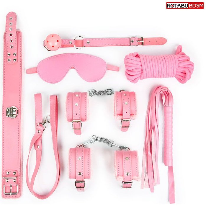 Оригинальный розовый набор БДСМ: маска, кляп, верёвка, плётка, ошейник, наручники, оковы - NOTABU