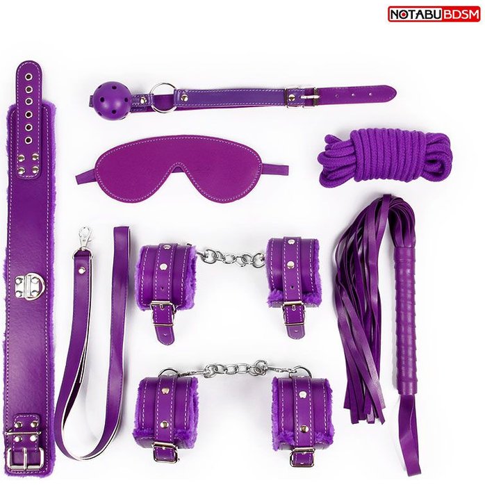 Большой набор БДСМ в фиолетовом цвете: маска, кляп, плётка, ошейник, наручники, оковы, верёвка - NOTABU