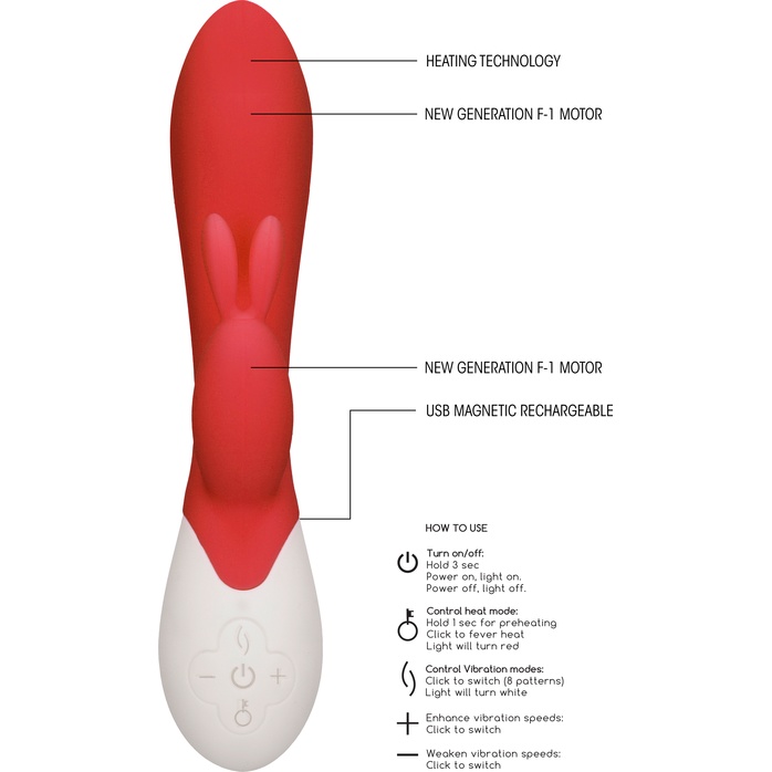 Красный вибратор-кролик Flame с функцией нагрева - 20 см - Heat. Фотография 4.