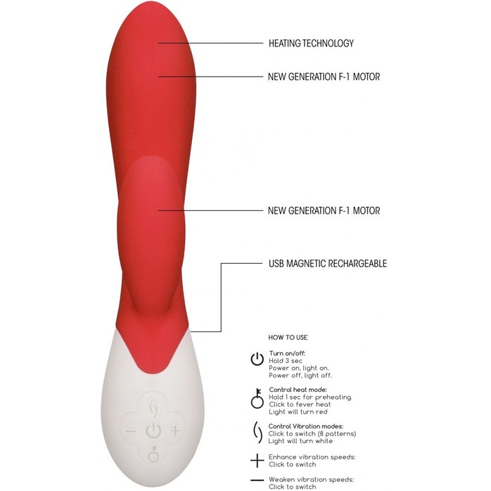 Красный вибратор-кролик Passion с функцией нагрева - 20 см - Heat. Фотография 3.