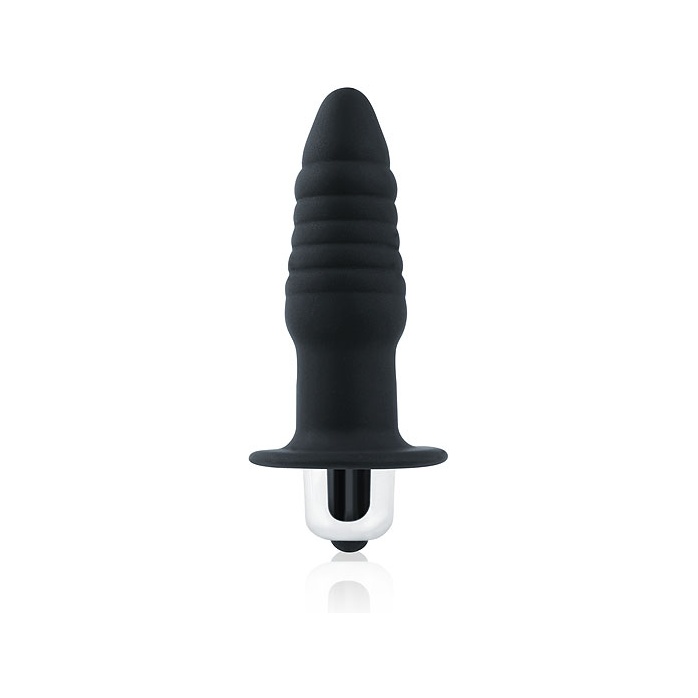 Черная ребристая вибровтулка с ограничителем - 7 см - SEX EXPERT