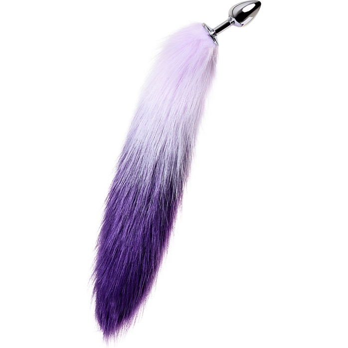 Серебристая металлическая анальная втулка с фиолетово-белым хвостом - размер S - Metal. Фотография 3.