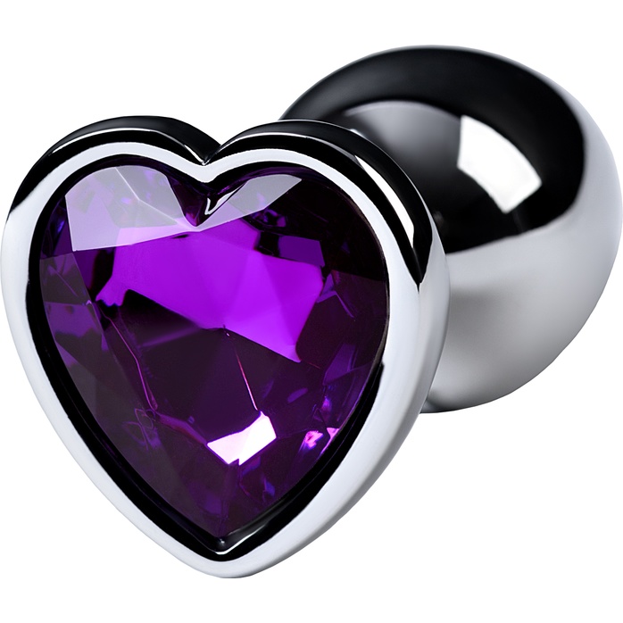 Серебристая коническая анальная пробка с фиолетовым кристаллом-сердечком - 7 см - Metal. Фотография 4.
