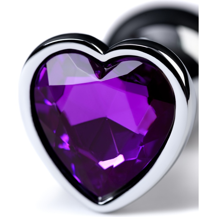 Серебристая коническая анальная пробка с фиолетовым кристаллом-сердечком - 7 см - Metal. Фотография 7.