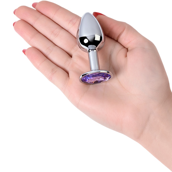 Серебристая конусовидная анальная пробка с фиолетовым кристаллом - 7 см. - Metal. Фотография 4.