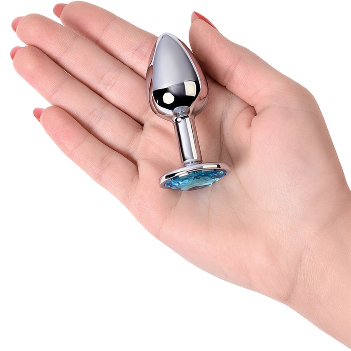 Серебристая конусовидная анальная пробка с голубым кристаллом - 7 см. - Metal. Фотография 4.