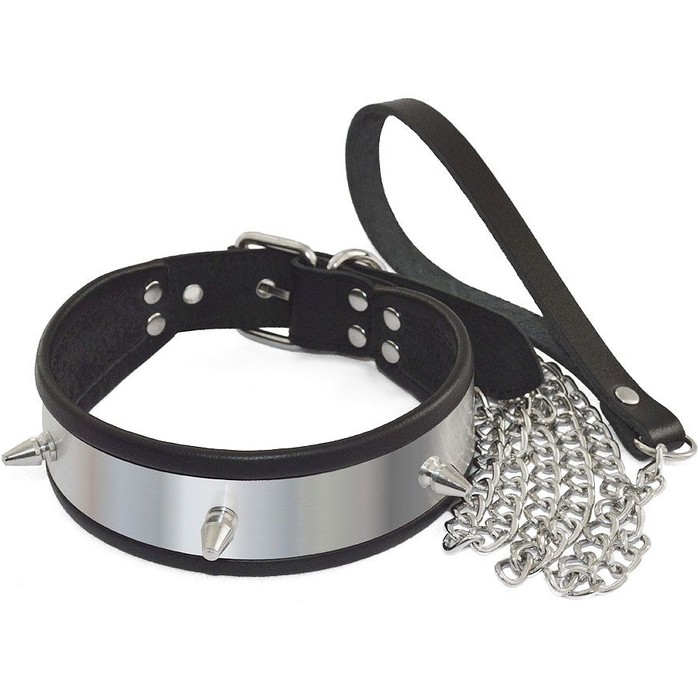 Серебристо-черный ошейник с шипами и поводком - BDSM accessories