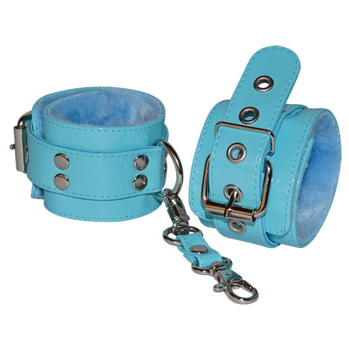 Голубые лаковые наручники с меховой отделкой - Gloss