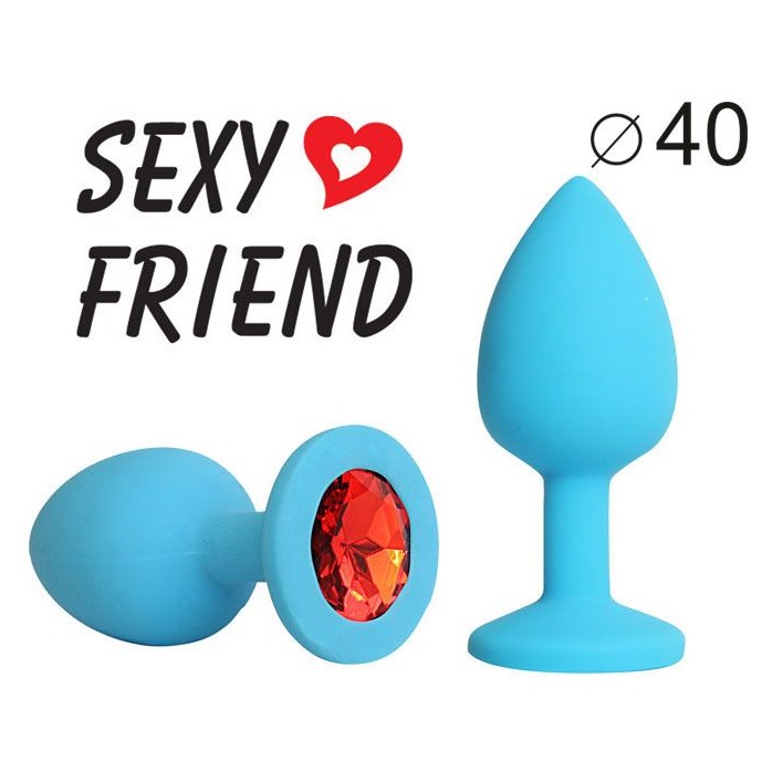Голубая силиконовая анальная пробка с красным кристаллом - 9,5 см - SEXY FRIEND. Фотография 2.