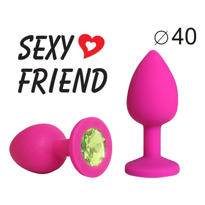 Ярко-розовая анальная пробка с салатовым кристаллом - 9,5 см - SEXY FRIEND. Фотография 2.