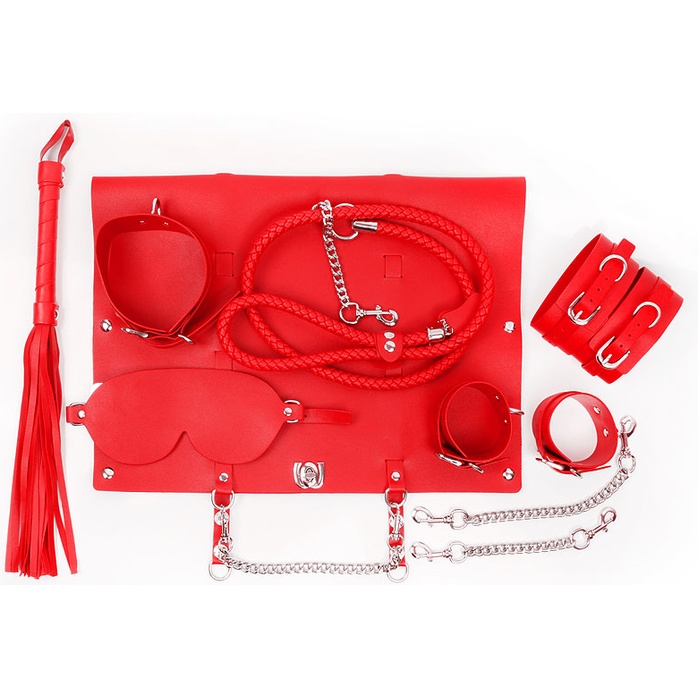 Красный набор БДСМ в сумке: маска, ошейник с поводком, наручники, оковы, плеть - NOTABU