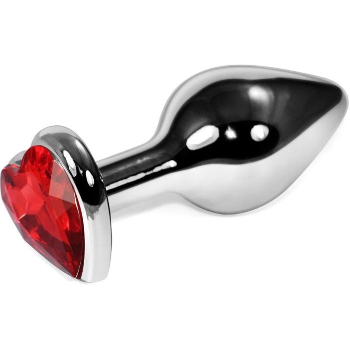 Серебристая коническая анальная пробка с красным кристаллом-сердцем - 8 см