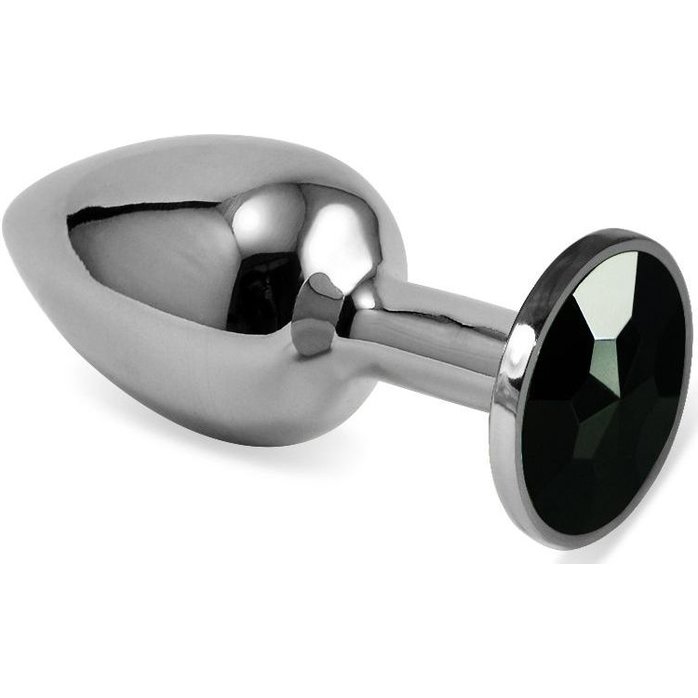 Серебристая гладкая анальная пробка с черным кристаллом - 5,5 см