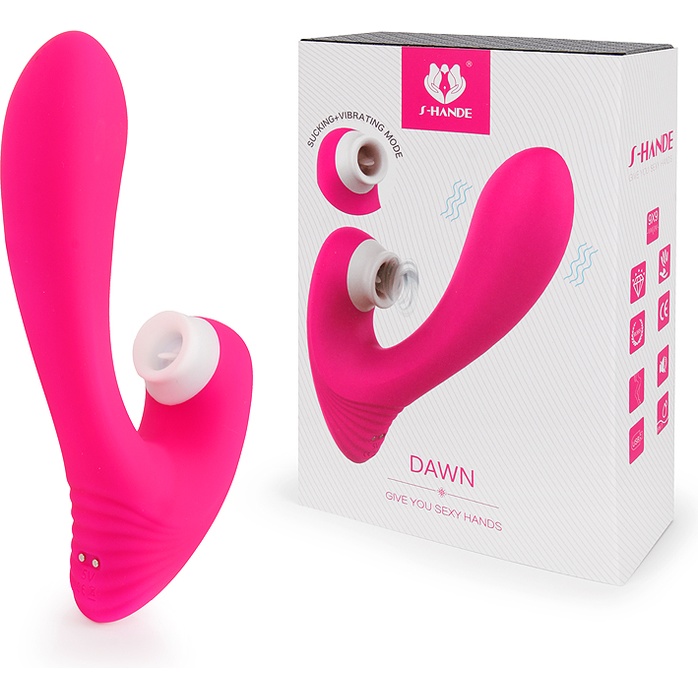 Ярко-розовый клиторальный стимулятор DAWN с вагинальным отростком. Фотография 2.