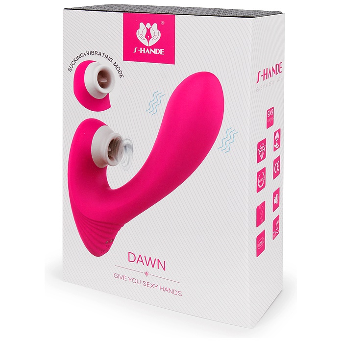 Ярко-розовый клиторальный стимулятор DAWN с вагинальным отростком. Фотография 3.