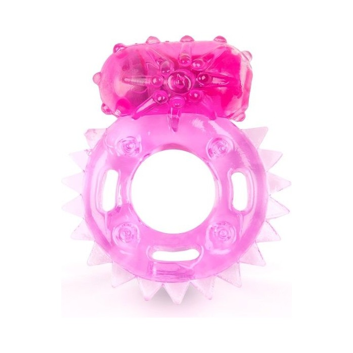 Розовое эрекционное кольцо c шипиками по кругу и вибропулей