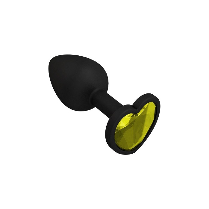 Черная силиконовая пробка с желтым кристаллом-сердцем - 8,5 см - Анальные втулки с кристаллом. Фотография 2.