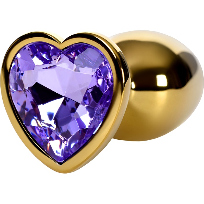 Золотистая анальная втулка с фиолетовым кристаллом-сердечком - 7 см - Metal. Фотография 2.