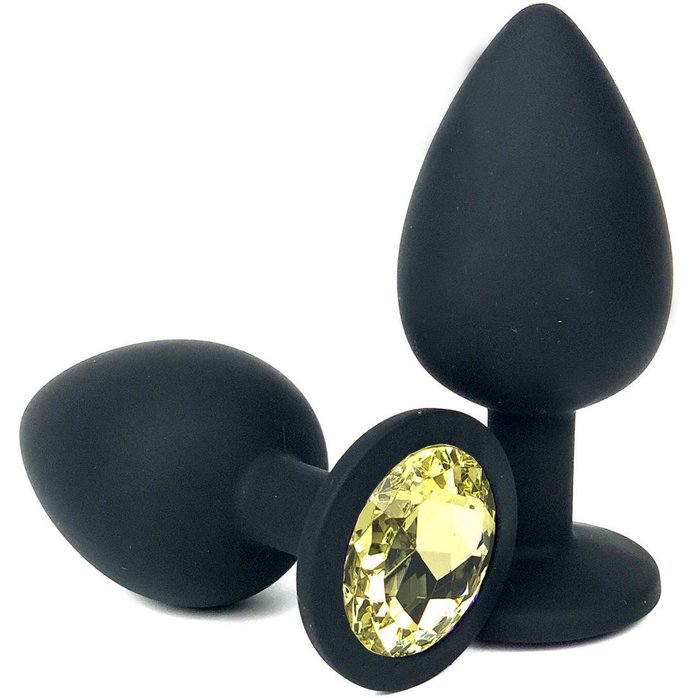 Черная силиконовая анальная пробка с желтым стразом - 6,8 см